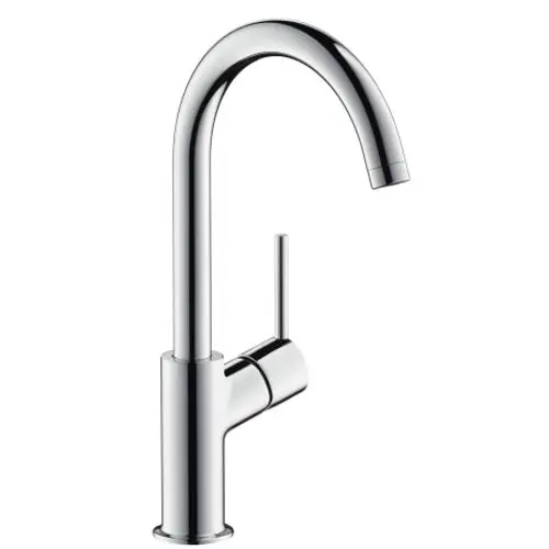 Einhebel-Waschtischmischer von Hansgrohe mit hohem, gebogenem Auslauf und seitlichem Hebel zur Temperatur- und Mengeneinstellung. Oberfläche in Chrom.